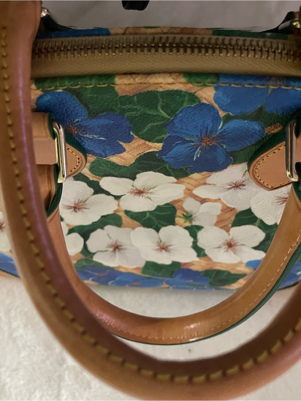 Dooney & Bourke satchel blue & white Pansies with a basket weave background. - Picture 7 of 15